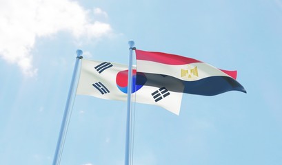 South Korea and Egypt, two flags waving against blue sky. 3d image