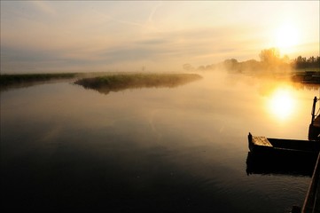  Europe, Poland, Biebrza River, sunrise, fog, pier, pier, landscape, climate, aura, morning, tratwa