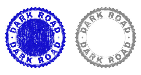 Grunge DARK ROAD stamp seals isolated on a white background. Rosette seals with grunge texture in blue and grey colors. Vector rubber stamp imprint of DARK ROAD text inside round rosette.