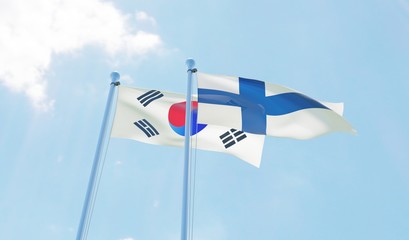 Fototapeta premium South Korea and Finland, two flags waving against blue sky. 3d image