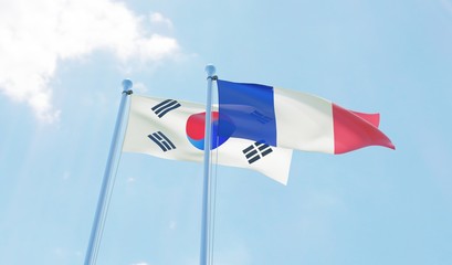 South Korea and France, two flags waving against blue sky. 3d image