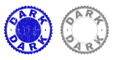 Grunge DARK stamp seals isolated on a white background. Rosette seals with grunge texture in blue and grey colors. Vector rubber overlay of DARK label inside round rosette.