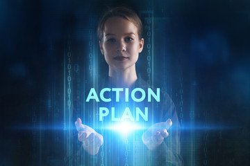 The concept of business, technology, the Internet and the network. A young entrepreneur working on a virtual screen of the future and sees the inscription: action plan