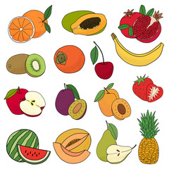 Vector isolated set of decorative kids fruit for print, decor. 