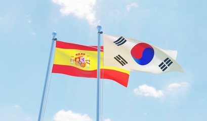 South Korea and Spain, two flags waving against blue sky. 3d image