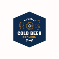 Cold Beer. Abstract Vector Beer Sign, Logo or Badge Template. Growler Bottle, Cap and Beer Tap Icons with Vintage Monogram and Retro Typography.