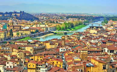 Florence. Italy. Arno River. Bridges. Aerial view. Italian architecture. Panoramic skyline. Urban landscape.