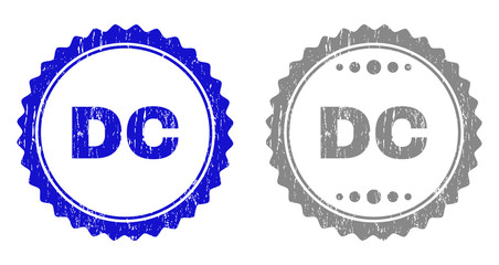 Grunge DC stamp seals isolated on a white background. Rosette seals with grunge texture in blue and gray colors. Vector rubber stamp imitation of DC title inside round rosette.
