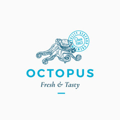 Fresh and Tasty Seafood Abstract Vector Sign, Symbol or Logo Template. Hand Drawn Octopus with Premium Classic Typography and Quality Seal. Stylish Classy Vector Emblem Concept.
