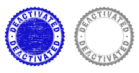 Grunge DEACTIVATED stamp seals isolated on a white background. Rosette seals with grunge texture in blue and grey colors. Vector rubber stamp imprint of DEACTIVATED tag inside round rosette.