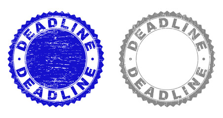 Grunge DEADLINE stamp seals isolated on a white background. Rosette seals with grunge texture in blue and grey colors. Vector rubber stamp imitation of DEADLINE caption inside round rosette.