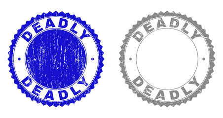 Grunge DEADLY stamp seals isolated on a white background. Rosette seals with grunge texture in blue and gray colors. Vector rubber overlay of DEADLY title inside round rosette.