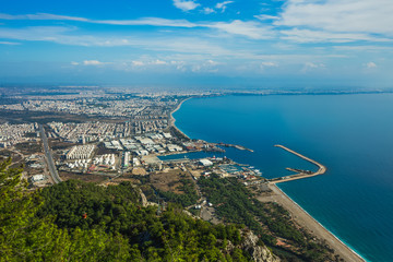 Beautiful sunny aerial view of Turkish marine landscape. Antalya city. Horizontal color photography.