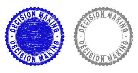 Grunge DECISION MAKING stamp seals isolated on a white background. Rosette seals with distress texture in blue and grey colors.