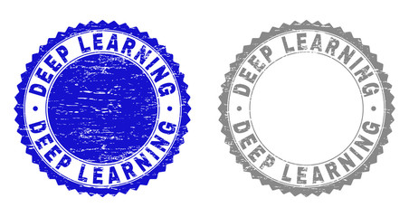 Grunge DEEP LEARNING stamp seals isolated on a white background. Rosette seals with grunge texture in blue and gray colors. Vector rubber stamp imprint of DEEP LEARNING text inside round rosette.