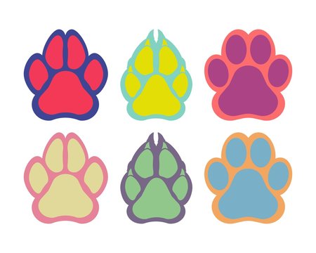 Paw of an animal, canine footprints. Traces of dog paws, dog paws. Trace of the cat, imprint of a tiger's track or lion. Vector illustration.