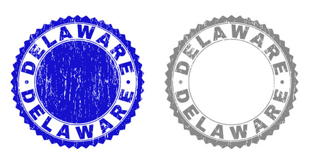 Grunge DELAWARE stamp seals isolated on a white background. Rosette seals with grunge texture in blue and gray colors. Vector rubber stamp imitation of DELAWARE title inside round rosette.