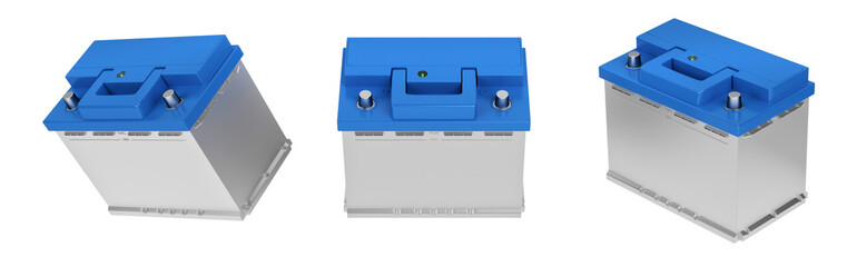 3D rendering. Car battery on white background. Acid battery for start auto. 12v battery