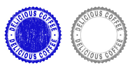 Grunge DELICIOUS COFFEE stamp seals isolated on a white background. Rosette seals with grunge texture in blue and grey colors.