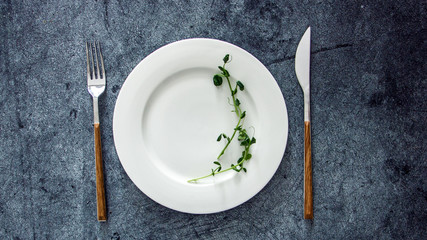 Microgreen on a white plate on a dark background. Background for weight loss, diet, pea sprouts on a white plate