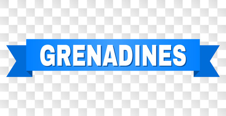 GRENADINES text on a ribbon. Designed with white title and blue stripe. Vector banner with GRENADINES tag on a transparent background.