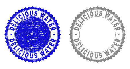 Grunge DELICIOUS WATER stamp seals isolated on a white background. Rosette seals with grunge texture in blue and grey colors. Vector rubber stamp imprint of DELICIOUS WATER text inside round rosette.