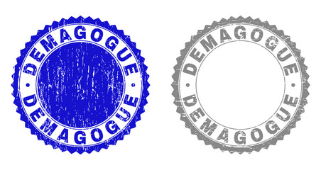 Grunge DEMAGOGUE stamp seals isolated on a white background. Rosette seals with grunge texture in blue and grey colors. Vector rubber stamp imitation of DEMAGOGUE caption inside round rosette.
