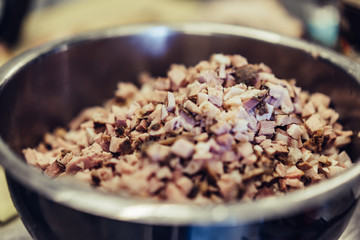 Stainless Steel Bowl with Chopped Ham