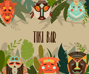 Tiki bar design template with tribal masks and jungle leaves. Design elements with African ethnic geometric ornament. Vector illustration