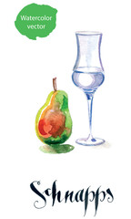 Schnapps glass filled with clear liquid and pear - obrazy, fototapety, plakaty