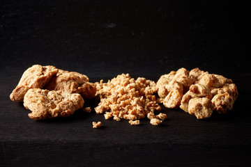 Soya chunks on black background