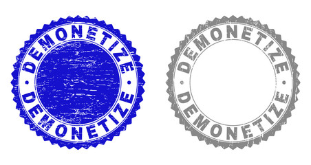 Grunge DEMONETIZE stamp seals isolated on a white background. Rosette seals with grunge texture in blue and grey colors. Vector rubber stamp imprint of DEMONETIZE caption inside round rosette.