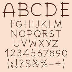Alphabet, letters, numbers and signs drawn with paint. Set of isolated vector objects.