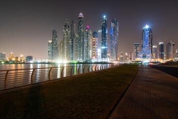 Dubai, United Arab Emirates - October, 2018: View of Dubai city downtown by night