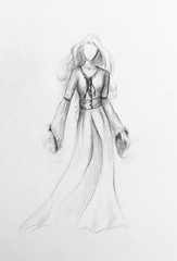 Beautiful woman drawing, pencil on paper.