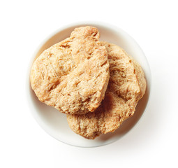 Bowl of soya chunks isolated on white, from above