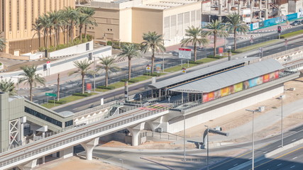 Aerial view of Dubai Tram in Dubai marina timelapse.