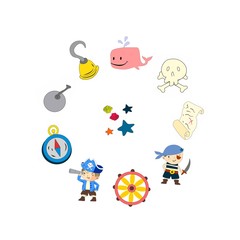 Pirate adventures Pirate party Kindergarten pirate party for children Adventure, treasure, pirates, octopus, whale, ship Kids drawing pattern for banners, leaflets, brochure, invitations