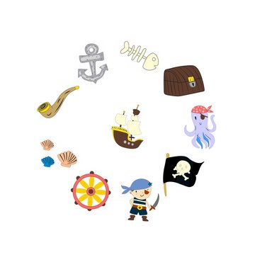 Pirate adventures Pirate party Kindergarten pirate party for children Adventure, treasure, pirates, octopus, whale, ship Kids drawing pattern for banners, leaflets, brochure, invitations