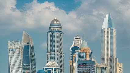 Dubai Marina skyscrapers aerial top view at morning from JLT in Dubai timelapse, UAE.