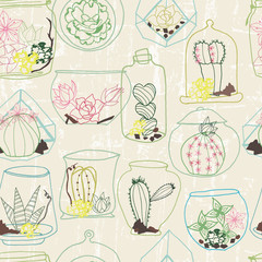 Hand drawn colorful line art terrarium collection on a lightnatural beige textured background. Seamless vector pattern.