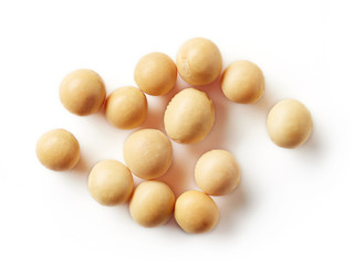 Heap of soybeans isolated on white, from above