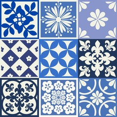 Blue Portuguese tiles pattern - Azulejos vector, fashion interior design tiles 