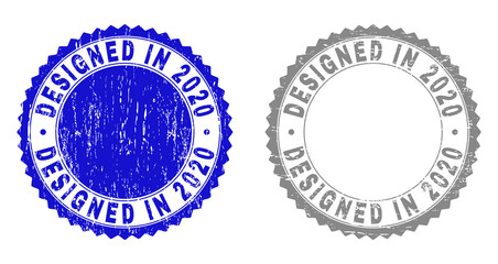 Grunge DESIGNED IN 2020 stamp seals isolated on a white background. Rosette seals with grunge texture in blue and gray colors.