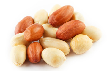 Peanuts isolated on white background. Peeled Peel and Scarlup.