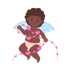 Isolated black african cupid with heart shape garland