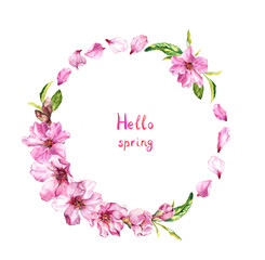 Flowering cherry tree, sakura blossom, pink flowers petals. Floral wreath, text Hello spring . Watercolor round border © zzorik