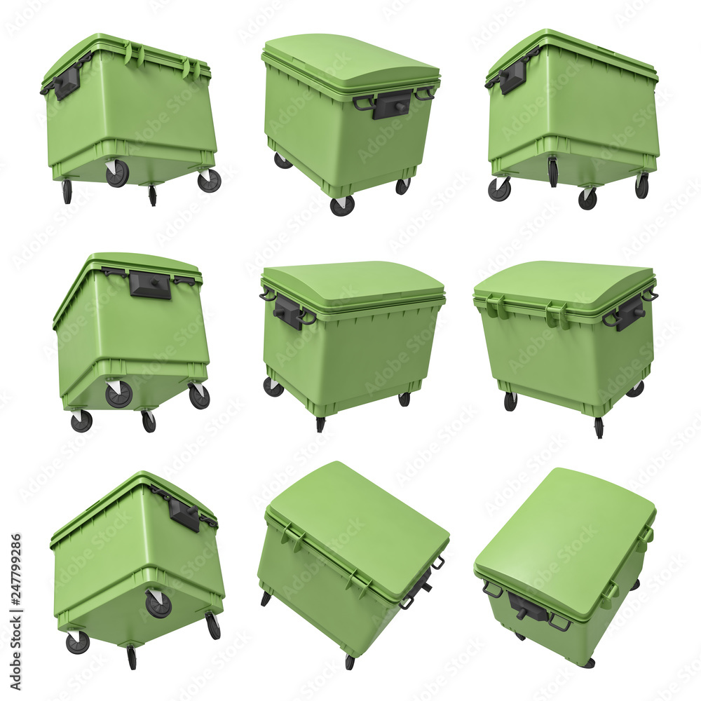 Poster 3d rendering of set of nine green trash bins isolated on white background