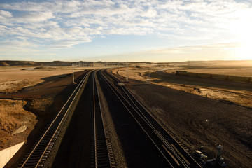 Railroad tracks, coal train, sunset, Powder River Basin, Wyoming