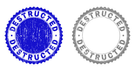 Grunge DESTRUCTED stamp seals isolated on a white background. Rosette seals with grunge texture in blue and grey colors. Vector rubber stamp imitation of DESTRUCTED tag inside round rosette.